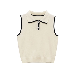 Slim fit sleeveless knit polo vest in cream with black contrast trim and button front
