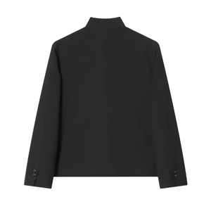 Rear view of minimalist black high-neck blazer with decorative buttons on cuffs