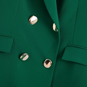 Classic dark green double-breasted blazer with elegant gold metallic buttons for women