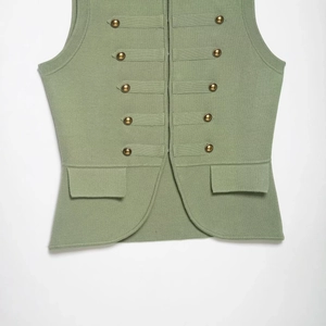 Sage green knitted vest featuring vintage gold relief buttons and military-inspired details