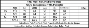 Size guide table for printed long sleeve dress with fabric details and measurements
