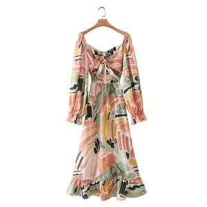 Women Abstract Print Long Sleeve Maxi Dress Square Neck Tie Front Ruffle Lantern Sleeve Streetwear Summer Party Dress