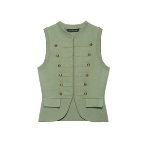 Grass green knitted vest with gold double-breasted buttons and decorative flap pockets