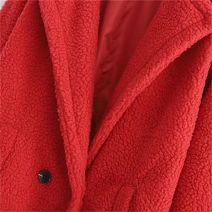 Women long faux teddy fur coat with notch lapel and single button in deep red color