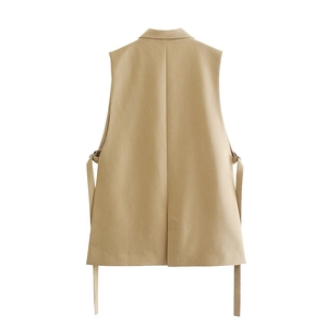 Khaki sleeveless blazer vest with notch lapels and back view of waist-tie detail