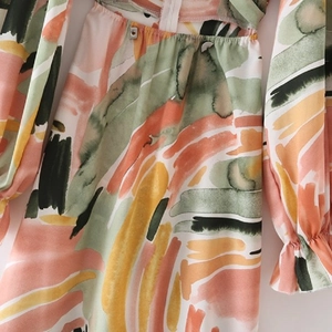Summer bohemian long sleeve floral dress with abstract watercolor print and smocked waist