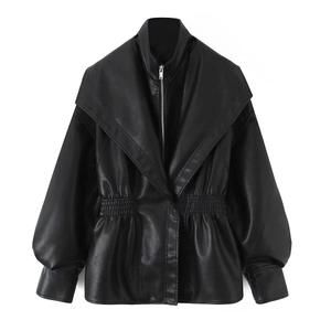 Women's black faux leather jacket with lantern sleeves and gathered elastic waist