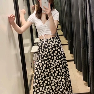 Damen Casual Hohe Taille Gänseblümchenmuster A-Linie Midi Rock Schwarz Streetwear Pastoraler Stil Mode Unterteile Für Damen