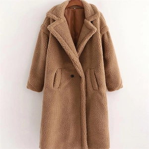 Brown long faux fur teddy coat with wide lapel and single button closure for winter