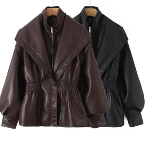 Women's faux leather jacket with lapel collar and puff sleeves in brown and black