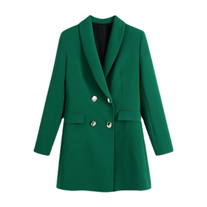 Women's emerald green longline blazer with golden buttons and a sleek notched lapel