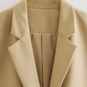 Women's sleeveless notch lapel blazer vest in khaki with front button and waist tie