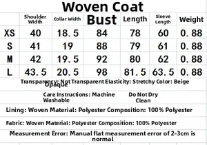 Size chart for textured long sleeve coat showing dimensions from XS to L in polyester
