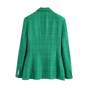 Rear view of a premium emerald green tweed blazer for women with a slim fit waist