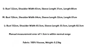 Detailed size chart for the printed viscose kimono dress including measurements and fabric