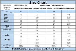 Detailed size chart for women's oversized shirt with dimensions and material info