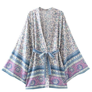 Robe Kimono Bohème en Viscose Col en V Femme Robe Courte Ample Manches Longues Avec Ceinture Style Estival Imprimé Floral