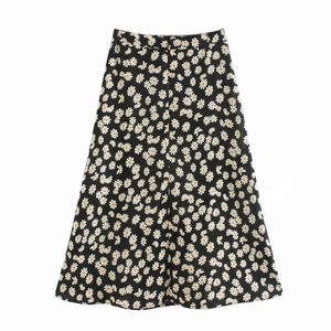 Hoch taillierter Midirock in Schwarz mit weißem Gänseblümchen-Print für Damen