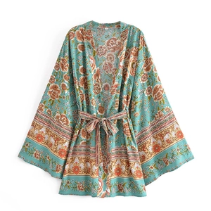 Women Bohemian Floral Print Kimono Dress Belted Viscose Cardigan Wrap V-Neck Wide Sleeve Vacation Mini Short Dress