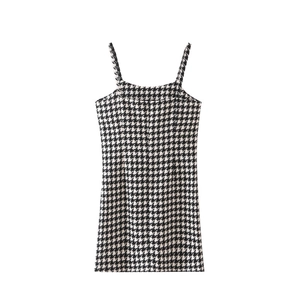Classic black and white houndstooth mini dress with slim straps and square neckline