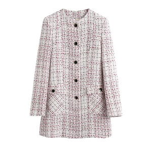 Classic white tweed long sleeve jacket with red and black plaid patterns and metal buttons
