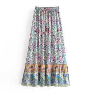 Women Bohemian Floral Peacock Print Cotton Maxi Skirt Elastic High Waist Tassels Long Ruffle Hem Vacation Skirt