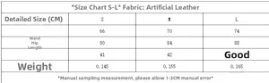 Size chart for black faux leather high waist skirt detailing waist and hip measurements