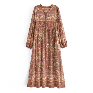 Robe Maxi Imprimé Bohème pour Femme Manches Longues Col V avec Lacet Gland Vintage Ligne A en Viscose Casual Vacances