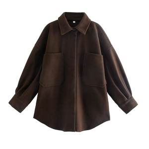 Women Oversized Woolen Look Shacket Solid Color Lapel Single Breasted Loose Shirt Jacket With Large Pockets