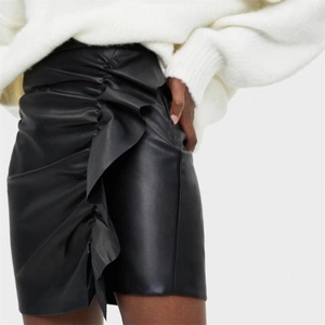 Women Faux Leather High Waist Mini Skirt Ruffle Bodycon Asymmetrical Streetwear Black Fashion Short Skirt