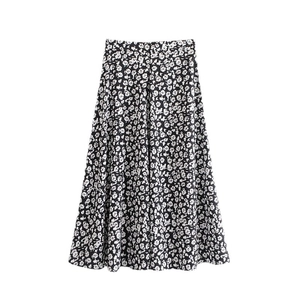 Jupe midi trapèze à taille haute pour femme avec imprimé floral blanc sur noir