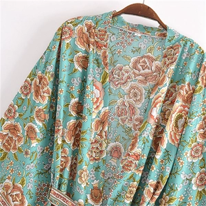 Floral print kimono cardigan for women featuring waist tie and blue vintage pattern