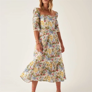 French Retro Floral Print Square Neck Puff Sleeve Slim Waist Midi Dress Women Summer Pastoral Style Chiffon Dress