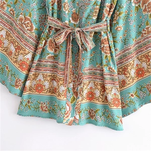Bohemian turquoise floral long sleeve kimono cardigan with waist tie for women