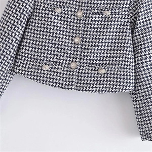 Blue and white houndstooth tweed jacket with vintage rhinestone buttons and woven texture