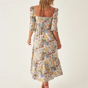 Detail of smocked elastic back on floral square neck midi dress with puff sleeves