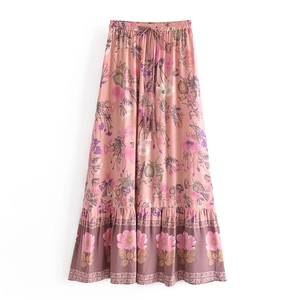Women's Bohemian 100% Cotton Maxi Skirt Floral Print Elastic High Waist Tassel Drawstring Tiered Ruffle Hem Casual Long Skirt