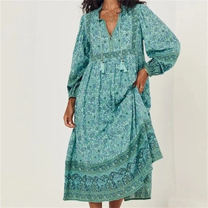 Robe Midi Fleurie Bohème pour Femmes Col en V Rayonne Manches Longues Gland Ethnique Vacances Vintage Décontractée Plage