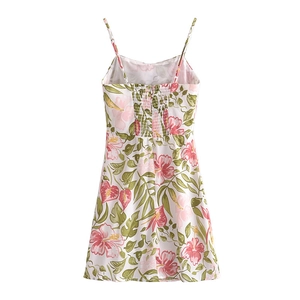 French floral high waist mini dress with heart leaf print and smocked back detail