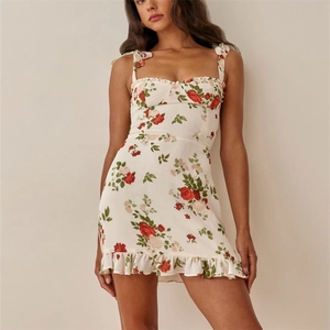 French Vintage Floral Mini Dress For Women Red Rose Print Ruffled Hem Bow Tie Strap Smocking High Waist Summer Dress