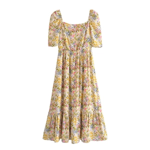 French vintage floral midi dress with square neck, puff sleeves and ink print pattern