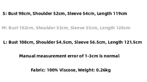 Size chart for floral print viscose kimono dress with detailed measurements and fabric info