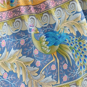 Bohemian high waisted cotton skirt with royal blue peacock print and fringe hem