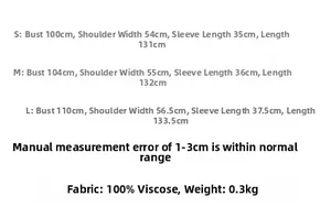 Size chart for viscose floral long kimono dress showing S, M, L dimensions and fabric details