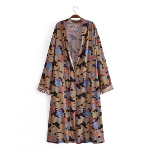 Women's Floral Print Patchwork Leopard Cuff Kimono Cardigan Maxi Dress Loose Long Sleeve Viscose Bohemian Streetwear Robe
