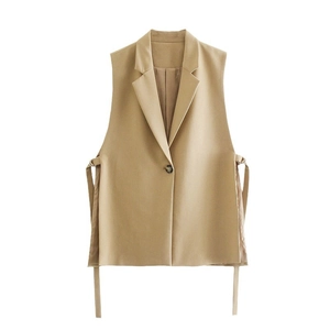 Women's sleeveless notch lapel khaki vest jacket with side waist tie and single button