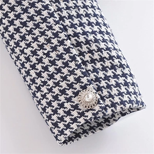 Blue and white houndstooth jacket cuff with sequins and vintage rhinestone button detail