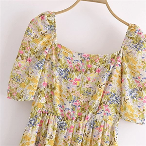 French vintage floral puff sleeve dress with square neck and ink wash print details