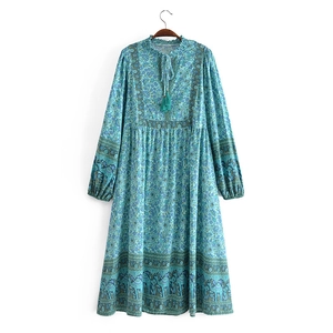 Robe midi bohème en coton à fleurs avec liens à glands et motifs imprimés éléphants