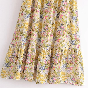 Detail view of floral print dress featuring light chiffon fabric and ruffled hemline